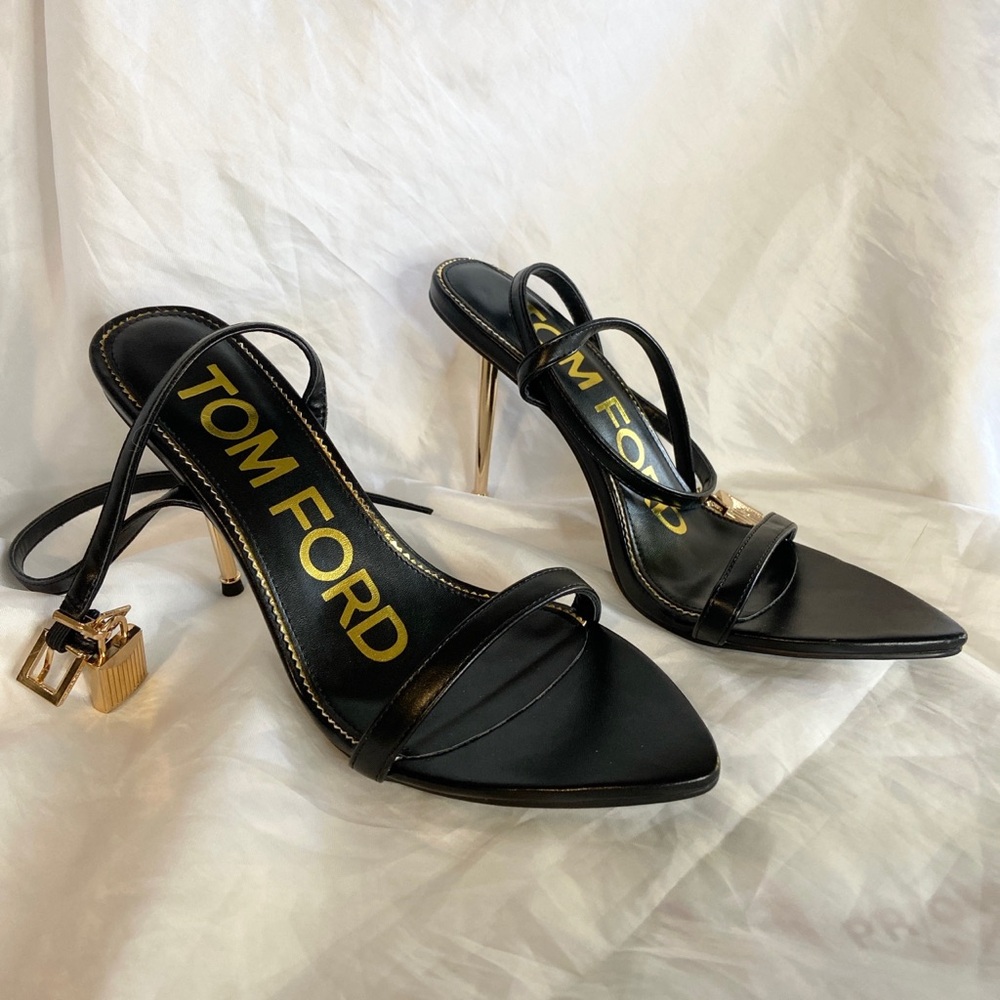 Tom Ford Black Leather Strappy Heeled Sandals with Gold Accents